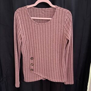 Ribbed Pink Long Sleeve Top with Button Detail